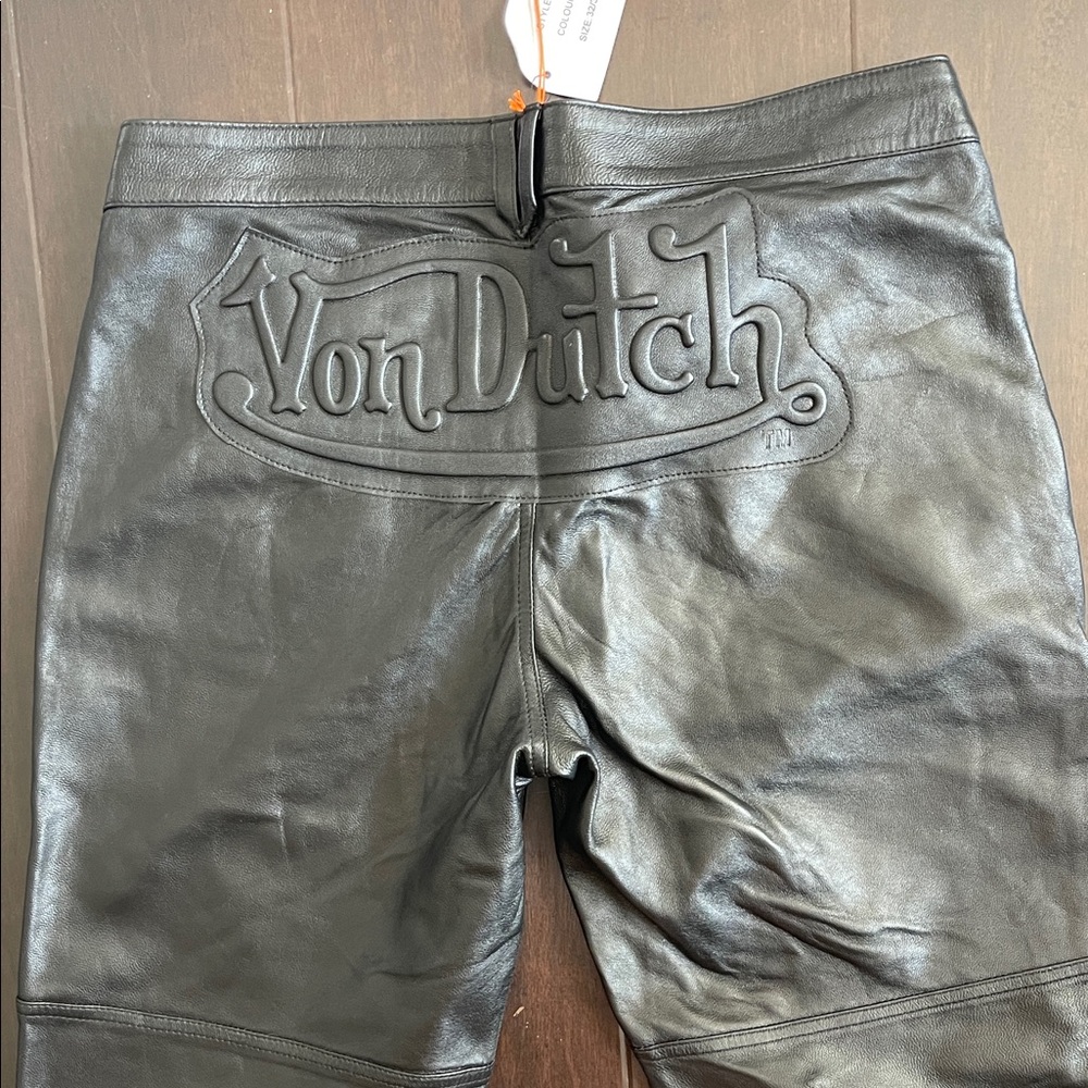 Brand New Low Rise Von Dutch Black Faux Leather Flare Pants fits small size 32